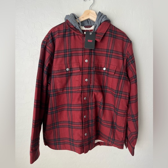 Levi's Francico Sherpa Flannel hooded shirt jacket red NEW large - Picture 7 of 15
